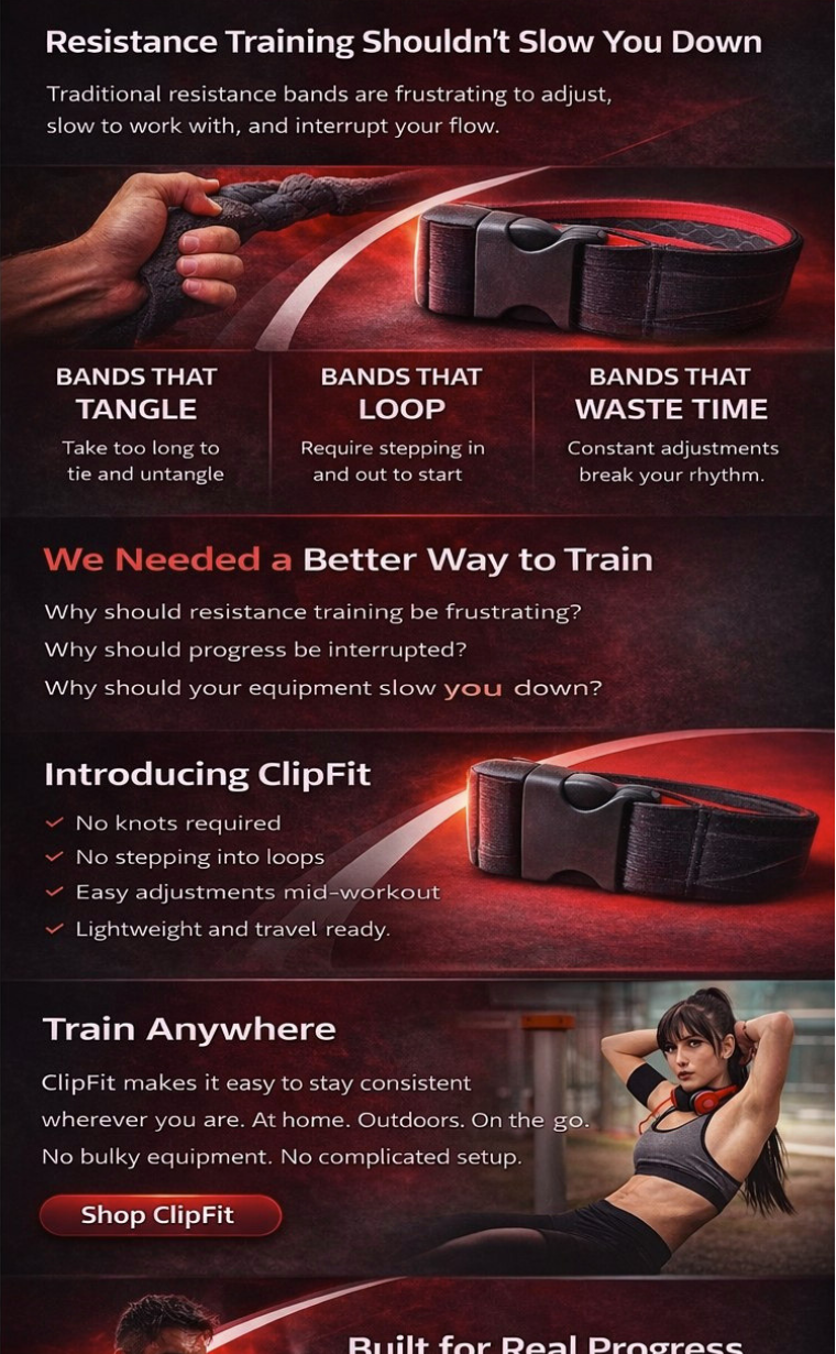 Advertisement for ClipFit resistance bands highlighting features and benefits.