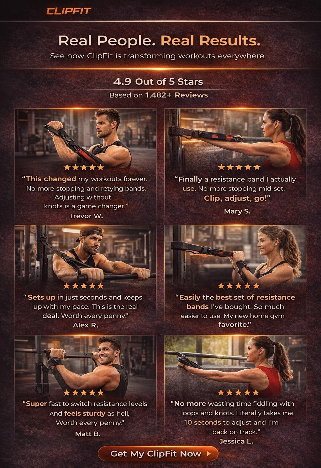 ClipFit_Resistance_Bands advertisement with customer testimonials and product usage, featuring a dark background.